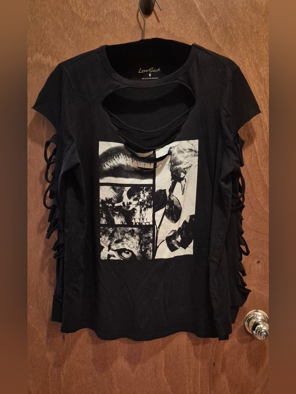 Lovesick Black Graphic Cutout Tee with Distressed Sleeves